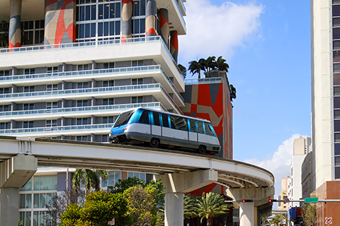 This is a stock photo from Shutterstock. This is an image of the metrorail in downtown Miami.