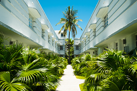 This is a stock photo from Shutterstock. This is a photo of the outdoor courtyard of an apartment community in Miami Beach.